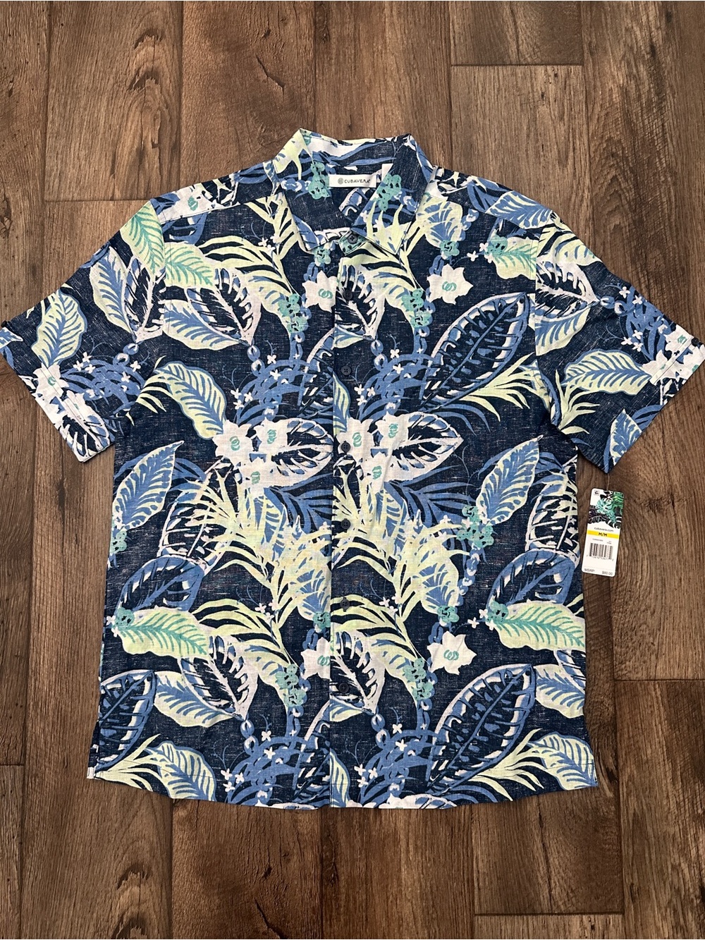 Cubavera Hawaiian Linen Cotton Blend Shirt Mens Size M Blue Floral